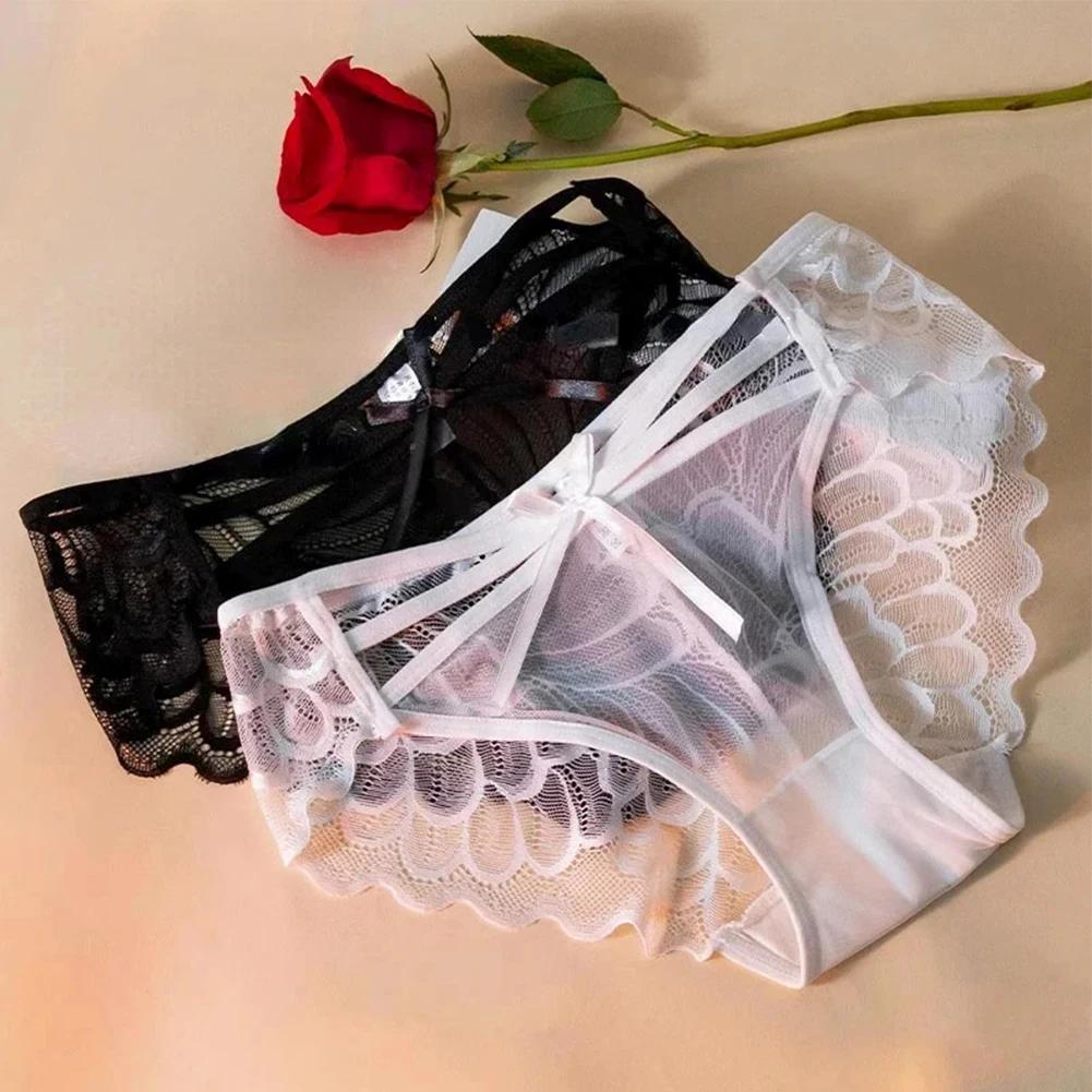 Women\'s Low Rise Lingerie Sexy Lace Mesh Bow Panties See Through Underwear Hot Girl Briefs Ultra-Thin Breathable Underpants