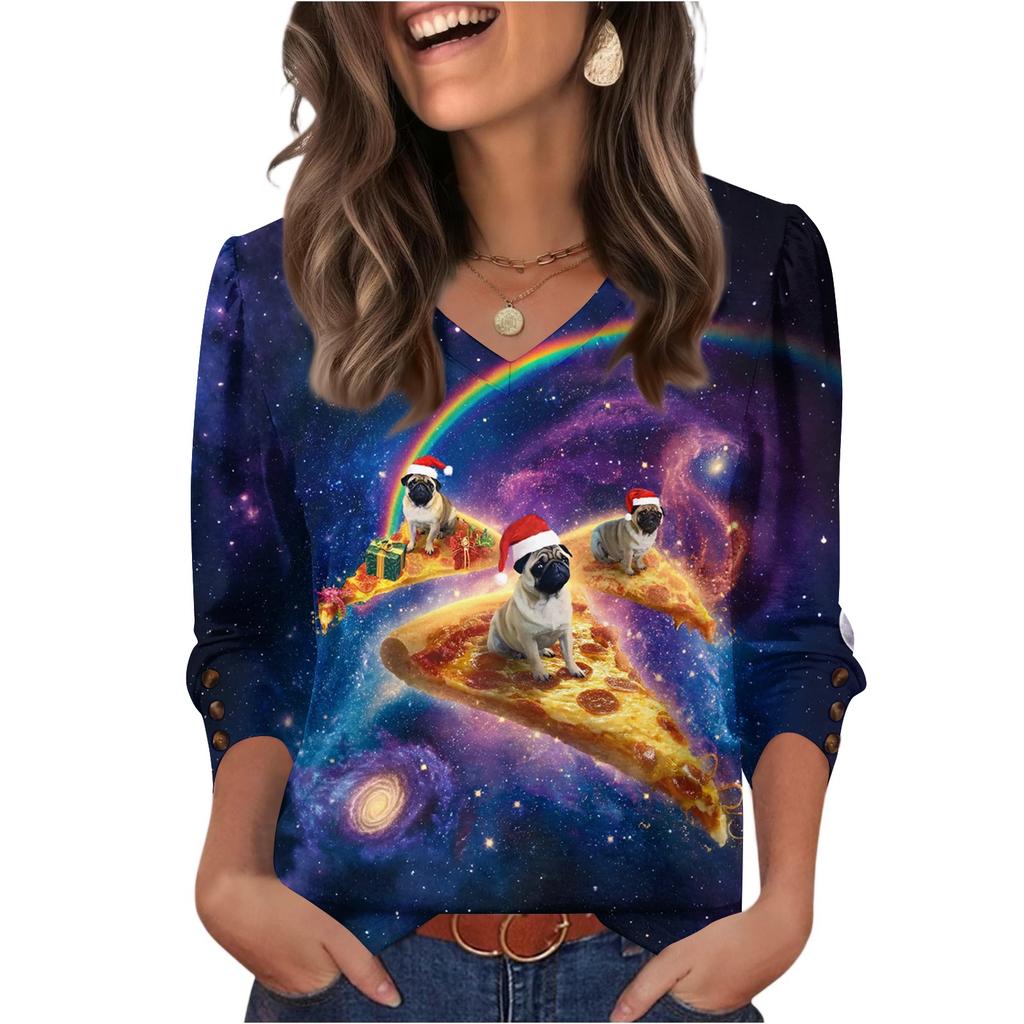 Women's Fashionable Casual Christmas Printed V-neck Top