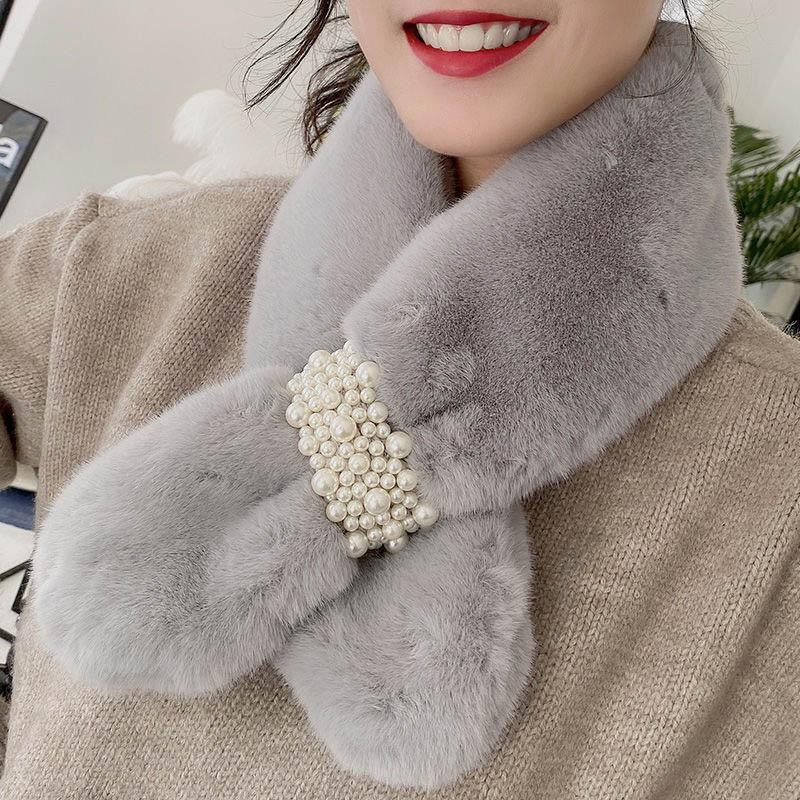 Women Winter Net Red Thicken Solid Color Faux Rabbit Fur Plush Cross Collar Scarf Shawl