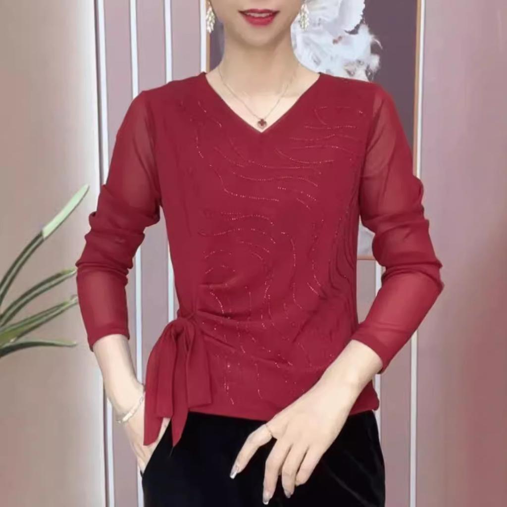 Новый иностранный стиль V-образный вырез горячая ромбовидная нижняя рубашка ранняя осень одежда для мам темперамент уменьшающая возраст и тонкие длинные рукава женские топы прилив
