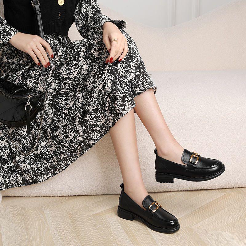 Женская летняя обувь, обычная кожаная повседневная обувь для женщин 2024 года, мокасины с квадратным каблуком, корейский стиль, весна, стильная