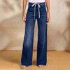 Women's Fashionable Solid Color Lace  Pocket Straight Wide Leg Jeans