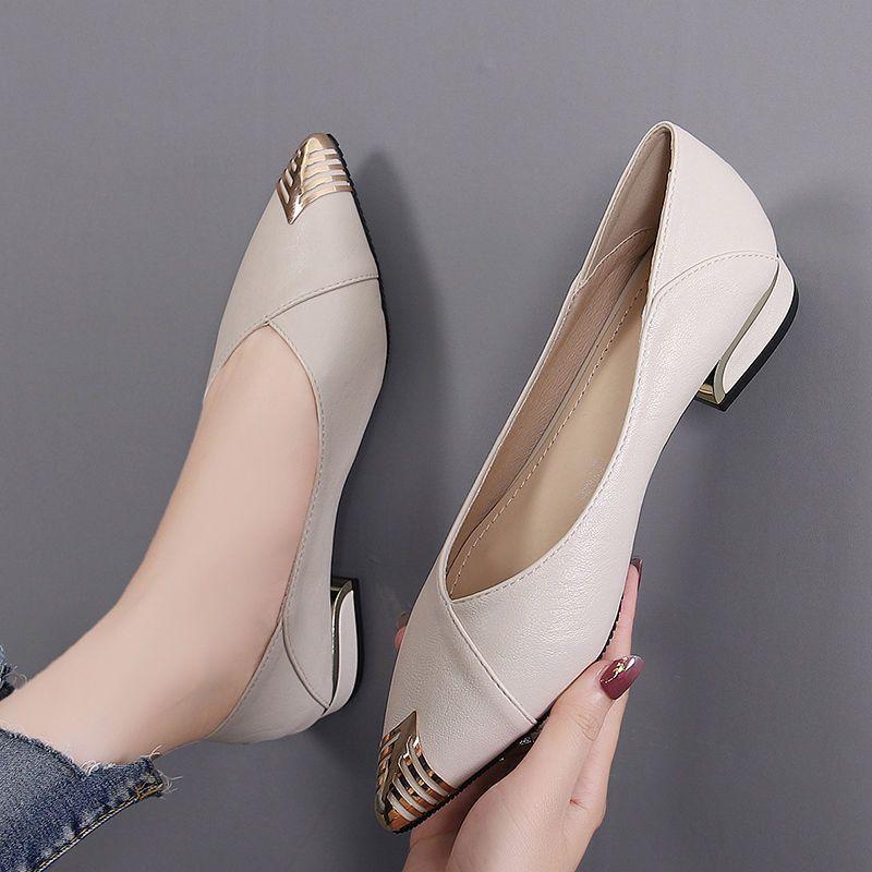 Single Shoe Women's Flat Bottomed Thick Heel Mid Heel Casual Shoes Versatile Work Leather Shoes