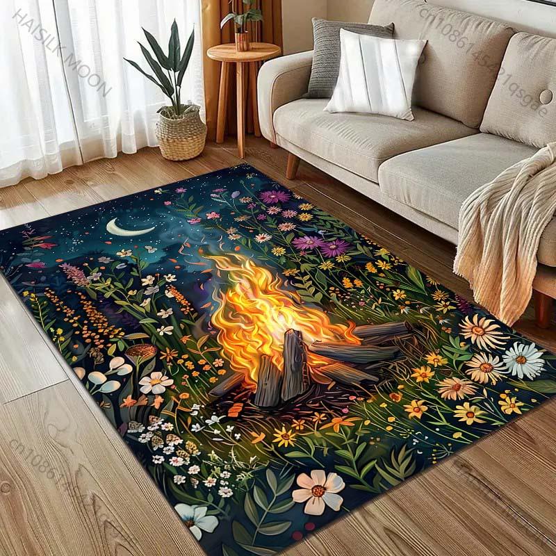 Flowers and Bonfire Print Carpet for Bedroom Living Room Bedside Sofa Floor Mat Modern Home Decor Space Area Rug for Gifts