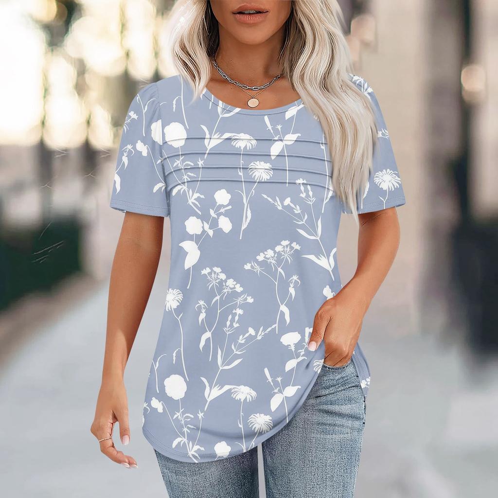 T Shirts For Women Pleated Round Neck Dressy Casual Blouses Printing Short Sleeve Summer Tops Loose Fit