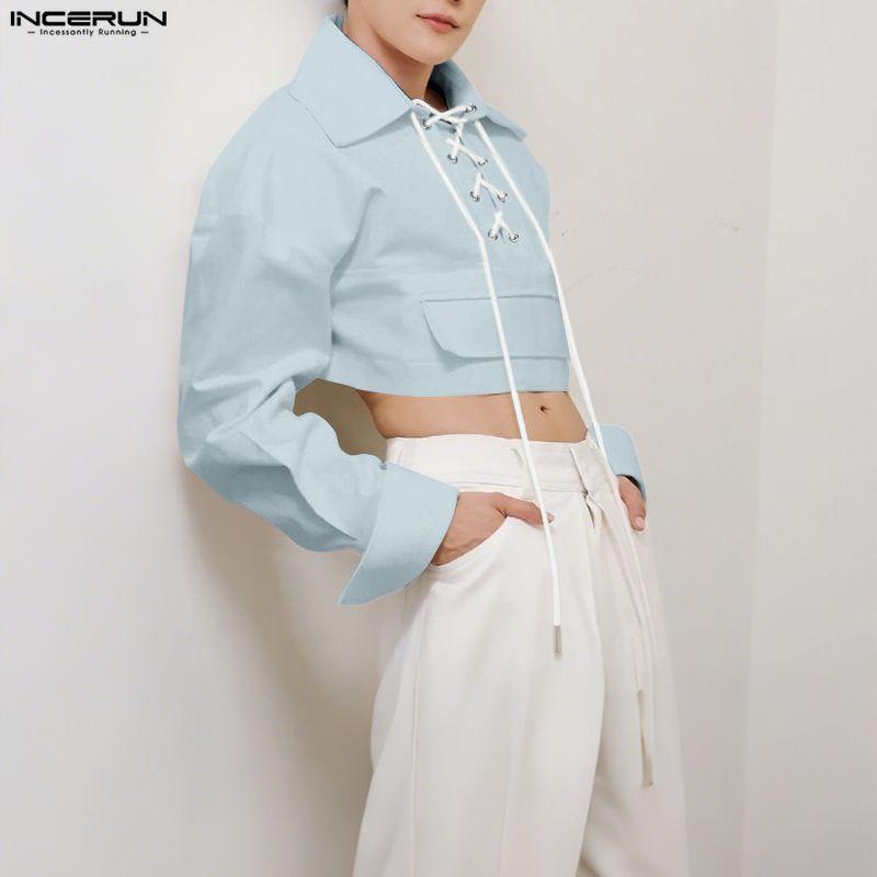 INCERUN Мужские рубашки оверсайз с лацканами, длинными рукавами, бинтами, повседневные, свободные, укороченные