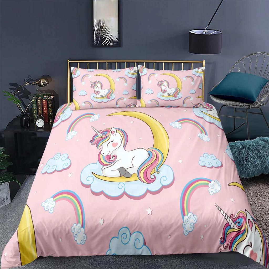 Unicorn Bedding Set King Queen White Pink Unicorn Duvet Cover For Girls Boys Dreamy Cartoon Sparkle Lilac Polyester Quilt Cover