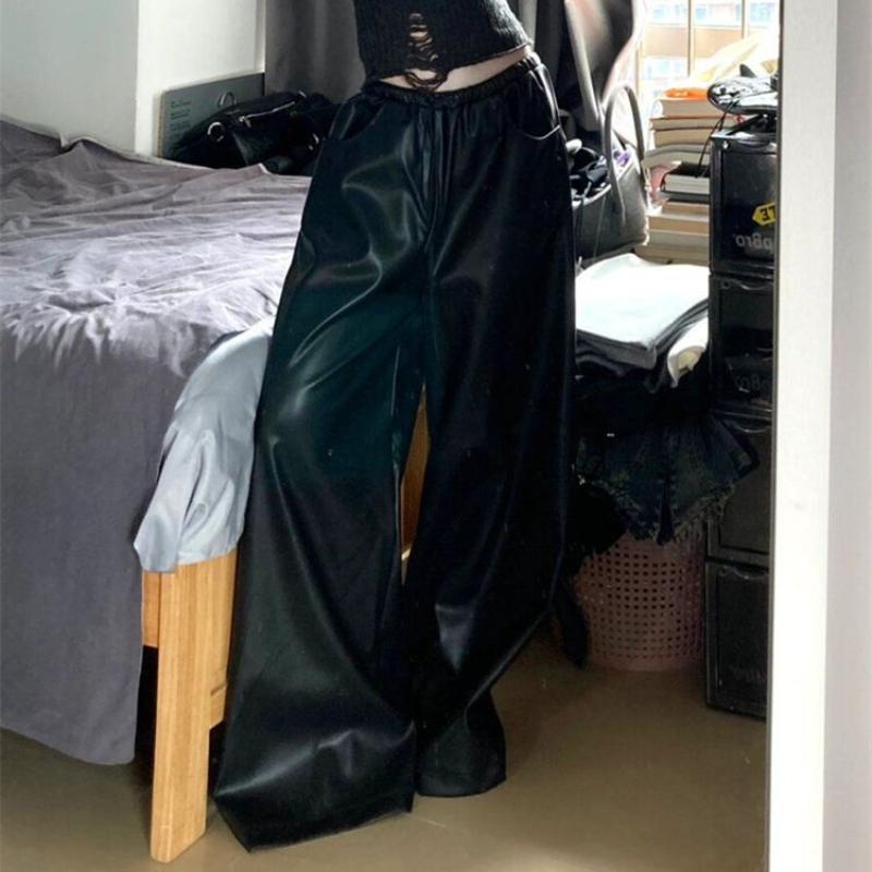 Женские черные кожаные брюки, свободные широкие брюки с высокой талией для девочек Y2K, повседневная уличная одежда
