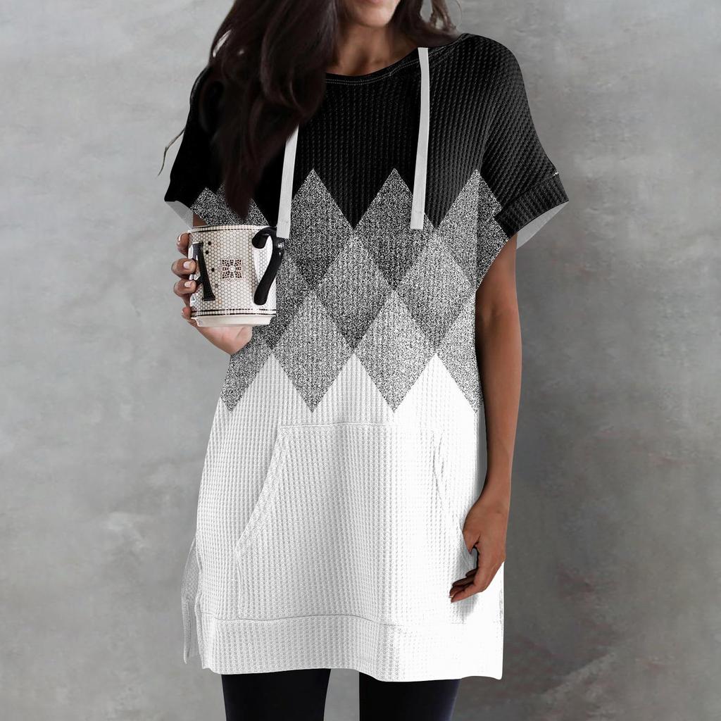 Женские свободные рубашки с принтом, толстовки с короткими рукавами и шнурком, вязаная туника с боковыми разрезами, топы с капюшоном и карманом