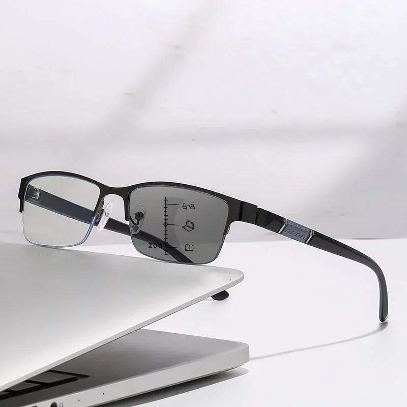 High Quality Men Business Presbyopia Photochromic Multifocal Eyewear Metal Frame Far Sighted Eyeglasses with Sunshades Smart Reading Glasses