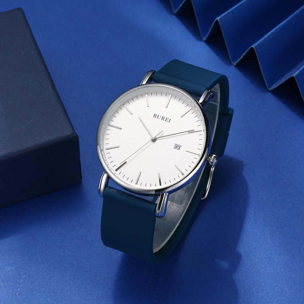 BUREI Простые кварцевые часы с датой, популярные мужские часы с черным силиконовым ремешком, аналоговые, водонепроницаемые, механизм, дисплей, ультратонкие, легкие, стильные,