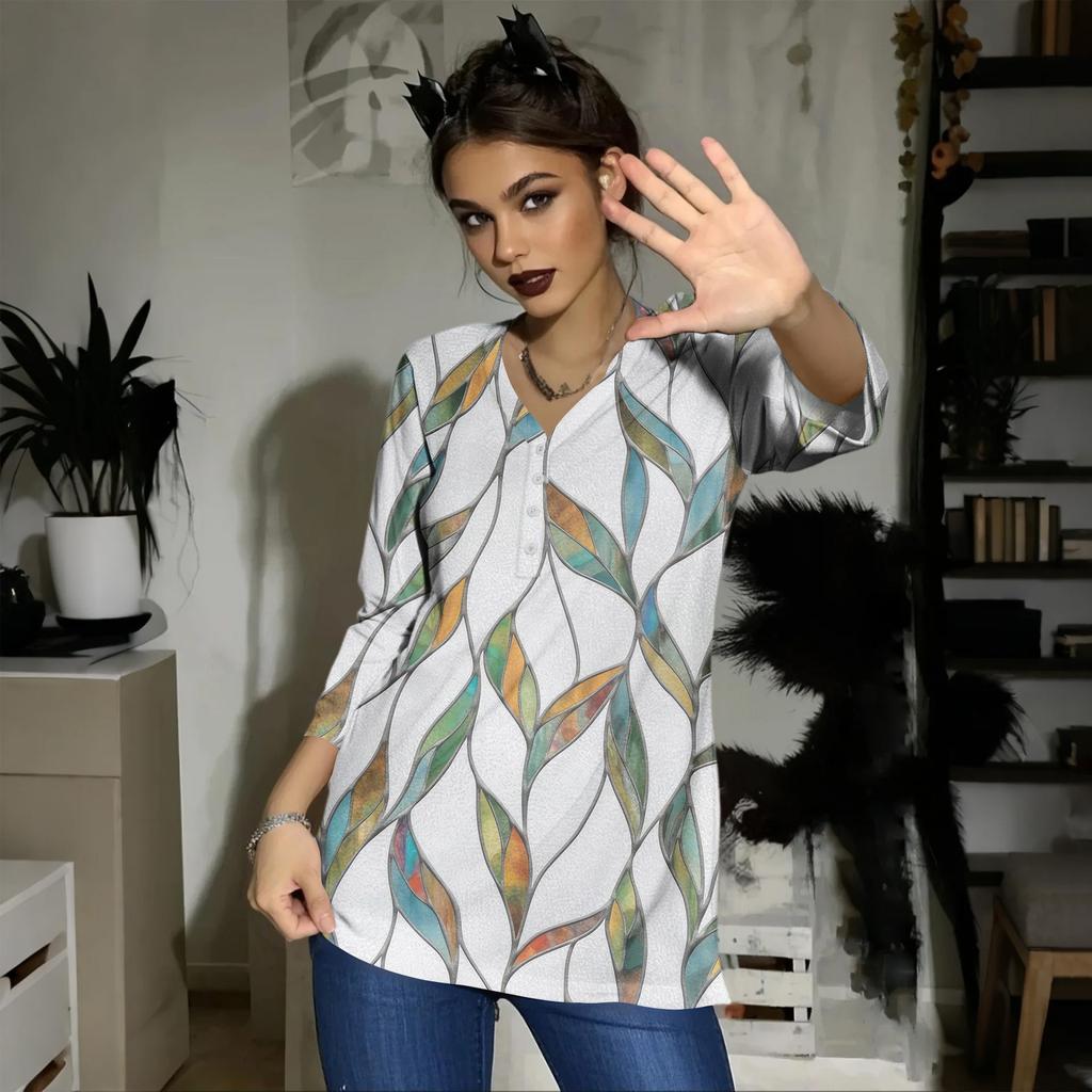 Женский повседневный модный сексуальный удобный топ с V-образным вырезом, пуговицами и цветочным принтом, рукав три четверти