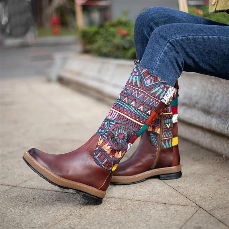 Fashion Retro Ethnic Women Boots Boho Folk-Custom Artisanal Ladies Flat Leather Boots Embroidery Printed Shoes