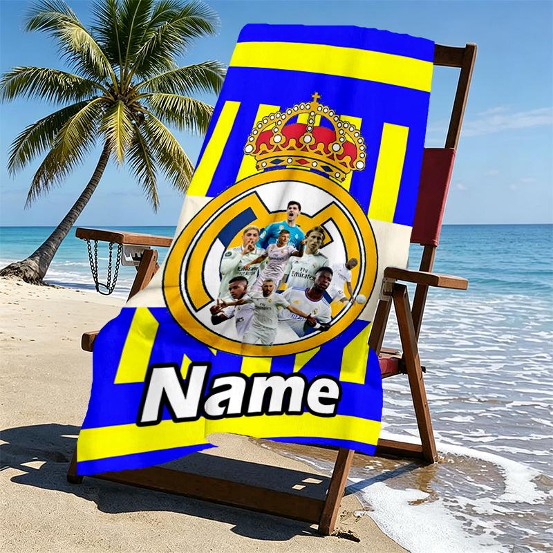 Custom Name Personalized Real Madrid Print Beach Towel, for Trip Camping Beach Party Home Decor, Birthday Gift for Family & Friends