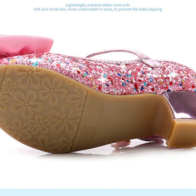 Кожаные туфли принцессы для девочек, танцевальная обувь, повседневная блестящая детская обувь для девочек на высоком каблуке, с узлом-бабочкой