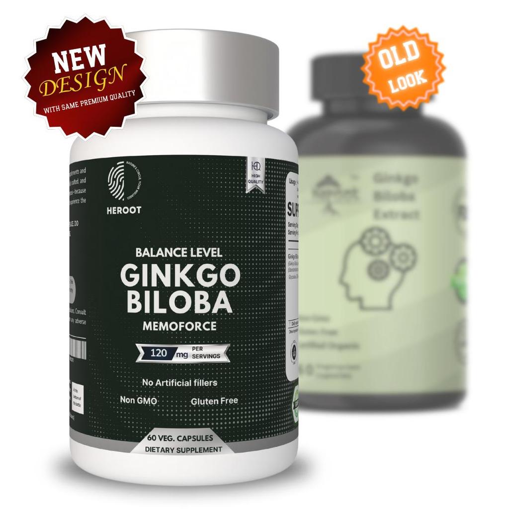 Heroot Ginkgo Biloba Extract 120mg – Herbal Supplement for Memory, Focus & Wellbeing – 60 Veg Capsules