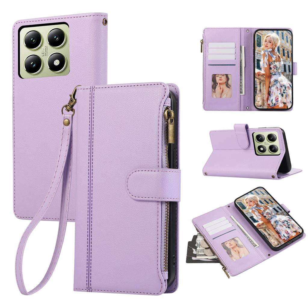 For Xiaomi 14T Case Multi Card Slots Zipper Leather Phone Cover with Wrist Strap