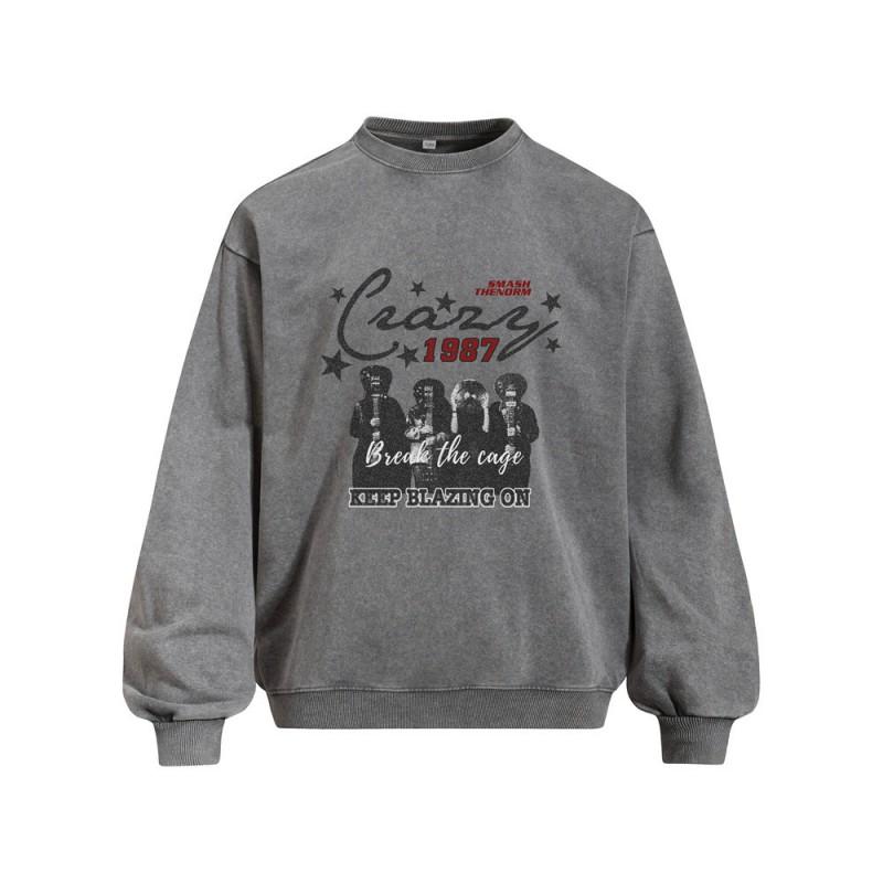 Mens Oversized 400G Cotton Blend Crewneck Sweatshirt With Graphic Print Washed Vintage Style Fall Casual Streetwear