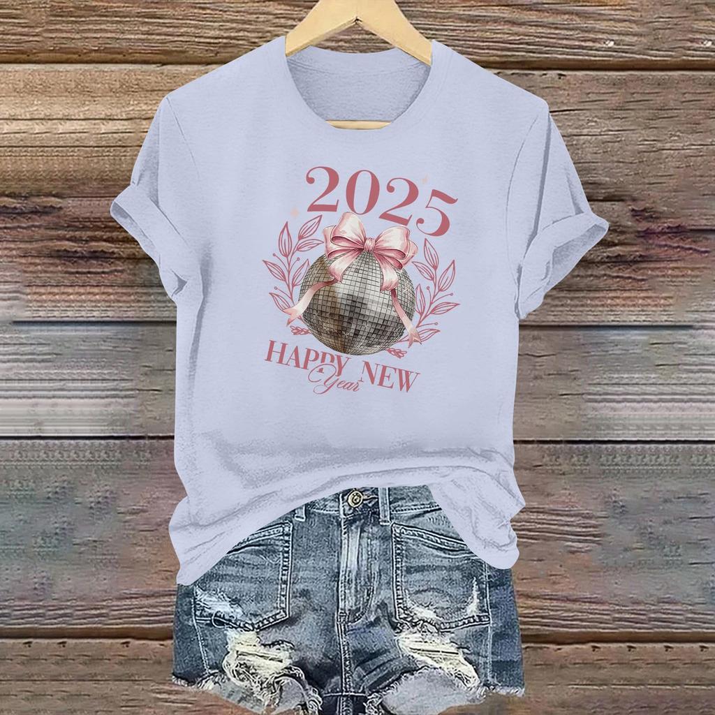 Ladies Casual 2025 New Year Printed Round Neck Short Sleeve T-Shirt Top