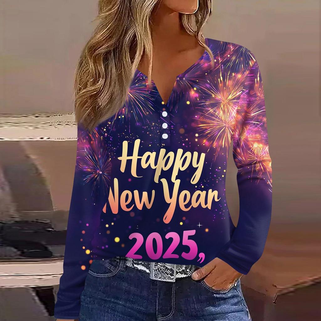 Жен. Футболка Футболка С принтом Пуговицы Длинный рукав Повседневные Выходные Мода Классический V-образный вырез Обычный Верх