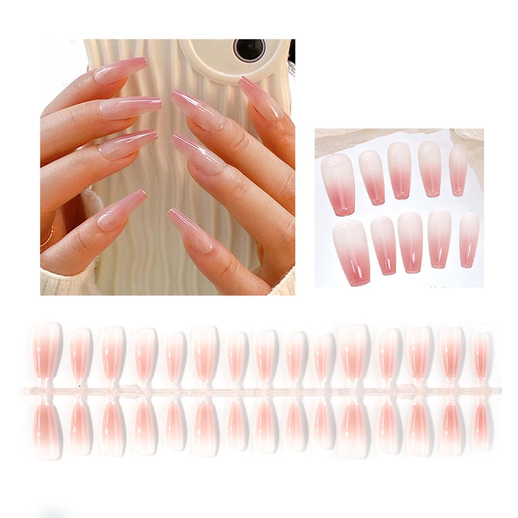 30Pcs Long Press On Nails Coffin French Fake Nails Tip Gradient Acrylic Nails Glossy False Nails for Women Girls