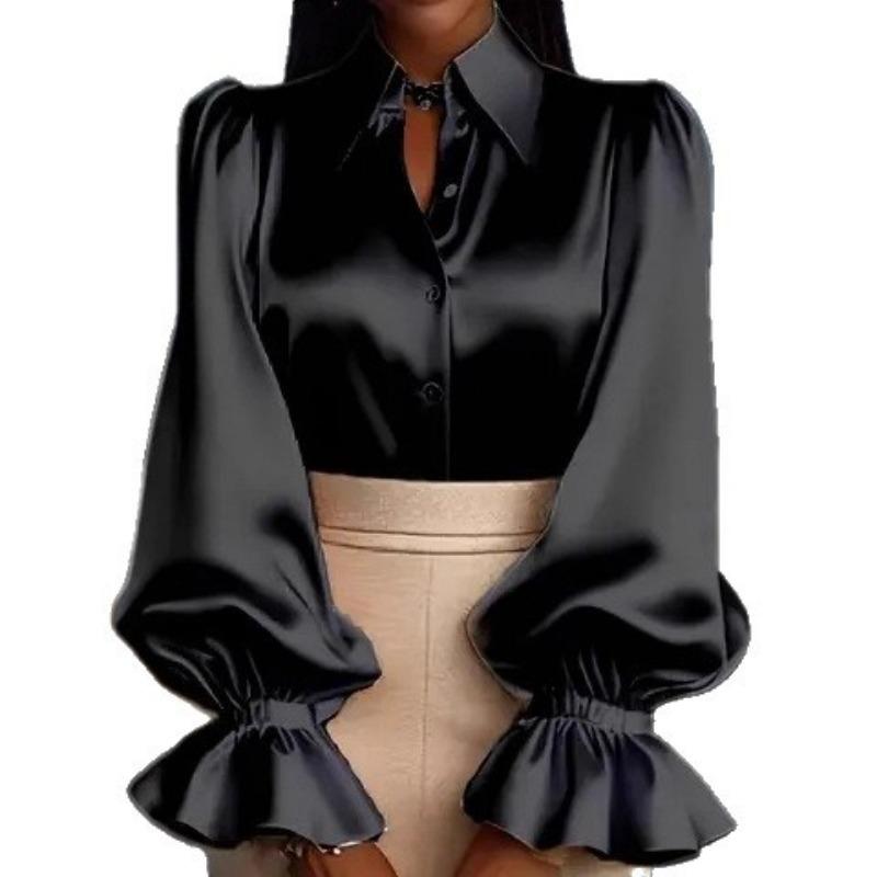Новая элегантная женская блузка для通勤 с длинными рукавами-буфами, лацканами, из атласа, повседневная, свободная, офисная, новая, с лацканами, простая, модная, однотонная, топ