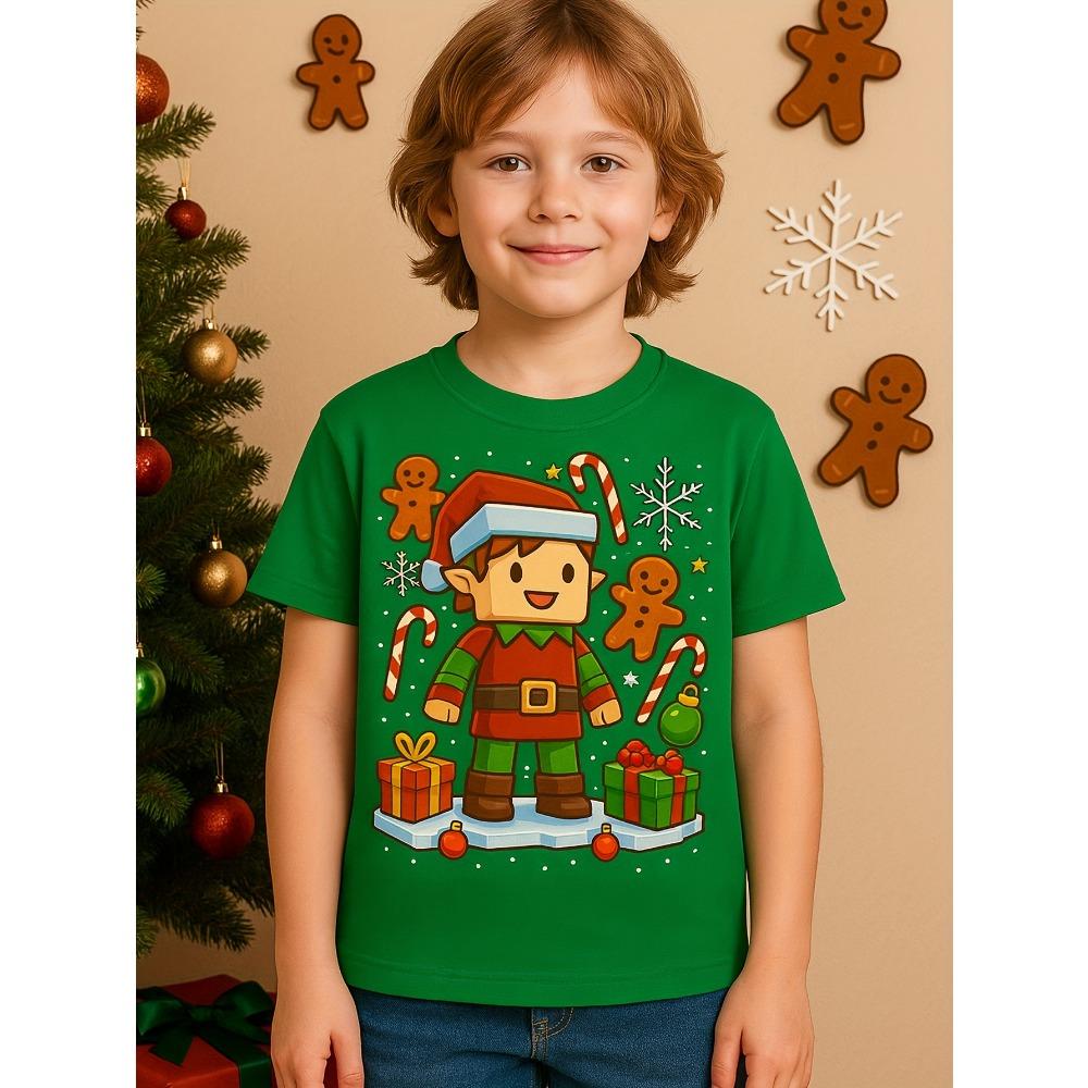 Boys' short sleeved T-shirt with green round neck cartoon Christmas character, randomly printed outdoor casual T-shirt