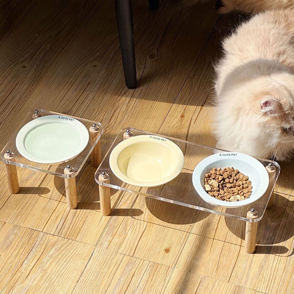Single/Double Bowl Raised Cat Feeder Protect Cervical Spine Cat Drinking Feeding Bowl Dog