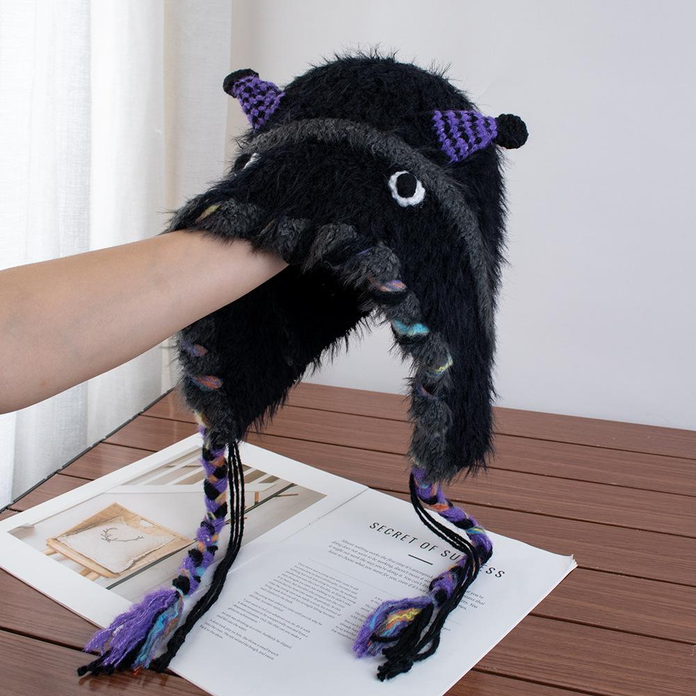 Cartoon little monster woolen hat female autumn and winter fringed braid headgear warm ear protection Lei Feng hat