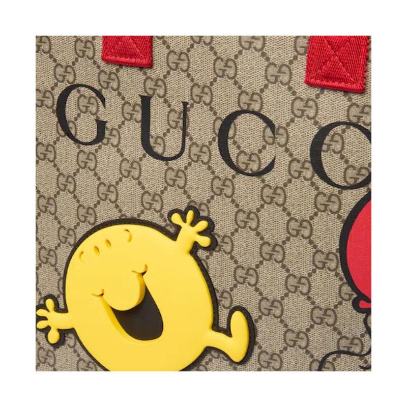 Gucci X little miss сумка-тоут с совместным брендингом и принтом GG Supreme с мультяшными персонажами, кожаная сумка-тоут, детский стиль, бежевый и темно-коричневый