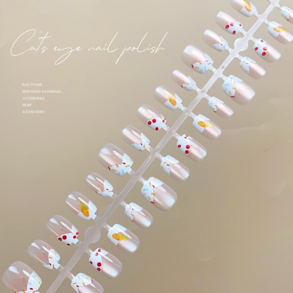 Cat Eye French Manicure Summer False Nails - Cute Wearable Finished Nail Pieces.