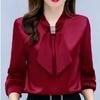 Spring and Summer Satin Shirt Women's Korean Fashion Glossy Top Premium Bow V-Neck Long Sleeve Shirt Plus Size