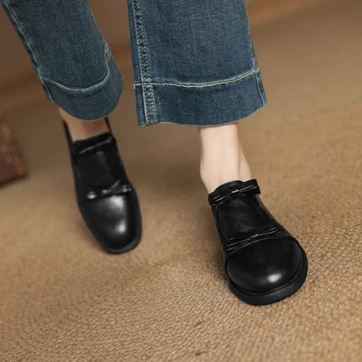 Туфли ручной работы с круглым носком и бантом, лоферы на одном ремешке, маленькие кожаные туфли, женские универсальные на низком каблуке, большого размера, одинарные