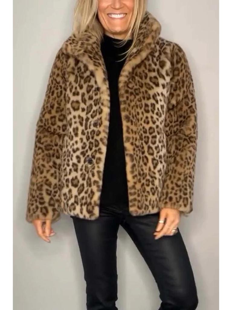 Зимняя женская мода 2024 года Пальто из искусственного меха с леопардовым принтом и лацканами