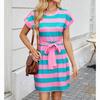 Женское платье в полоску с круглым вырезом и короткими рукавами, повседневное платье с карманом на поясе, весна-лето