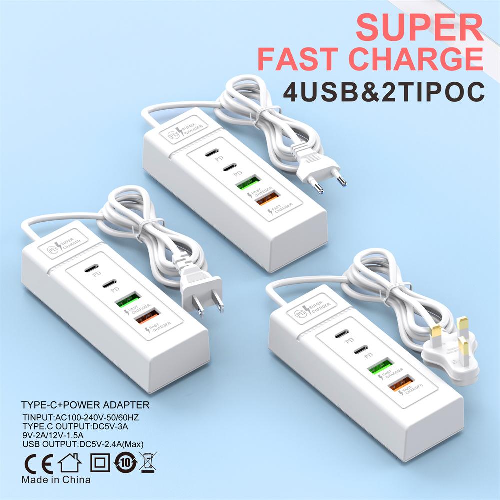 4 Ports USB C Charger Power Strip PD Type C Fast Charging Wall Charger Socket USB Quick Charge 3.0 EU/US/UK Plug Power Adapter