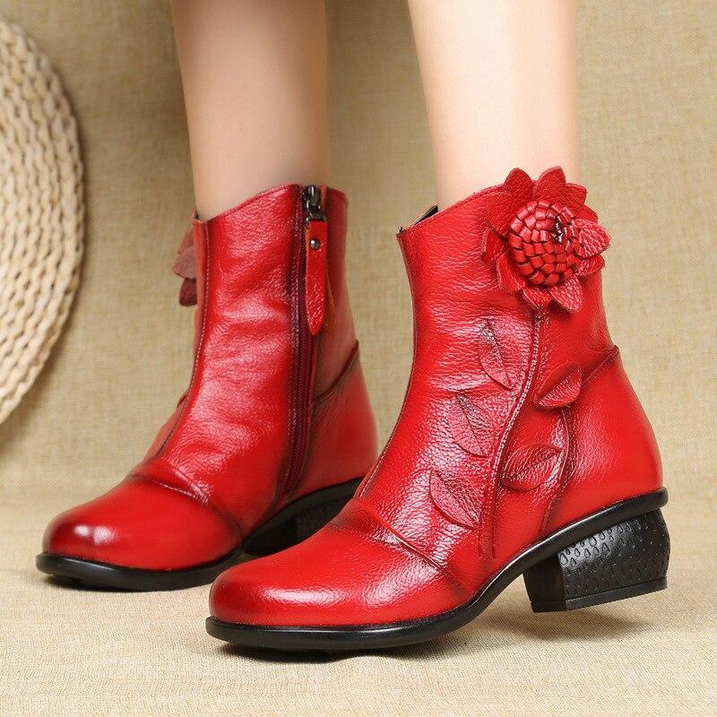 Genuine Leather Platform Boots Women Shoes Zip Round Toe Flower Leisure Sewing Ankle Boots