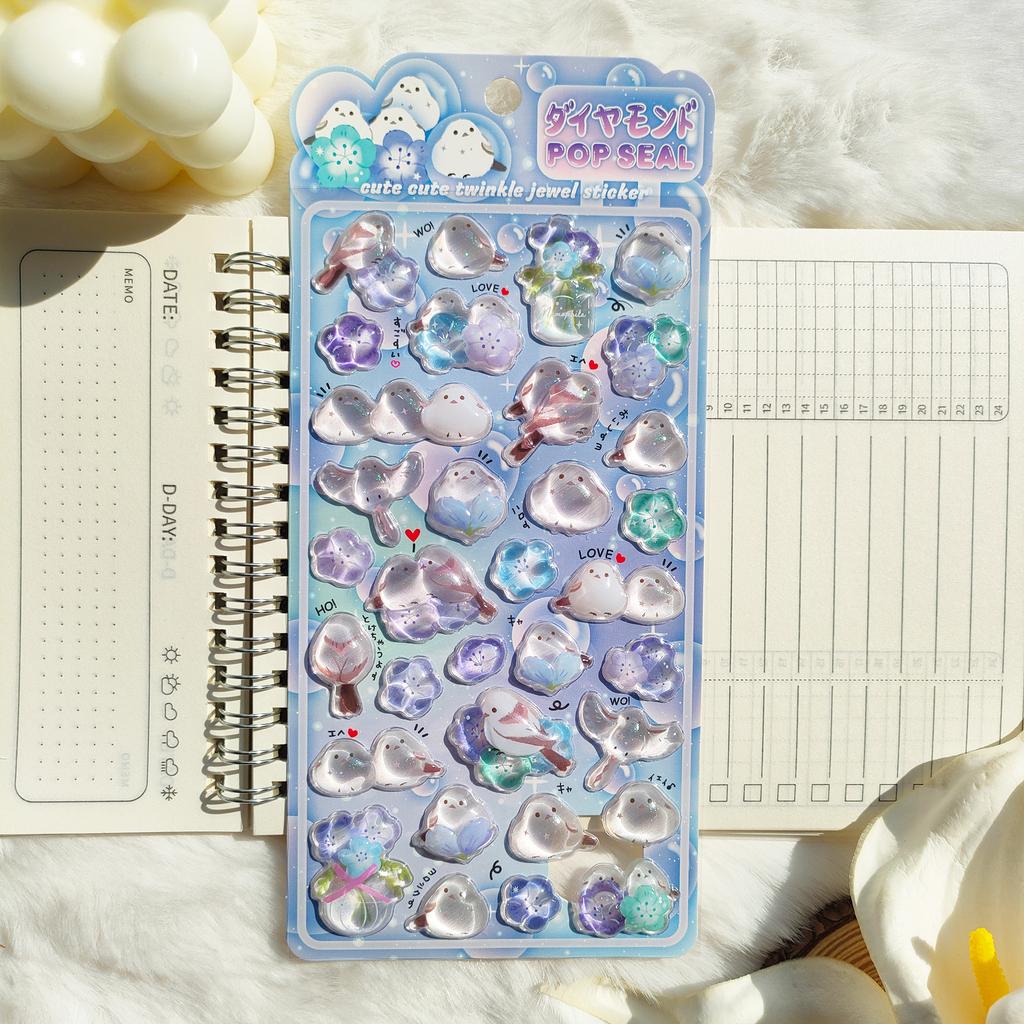 Sparkling Crystal Tit 4Pcs Stickers - Cute Spring Bird Relief Decals Ideal for Notebook Phone Case DIY Kids Girls Gift Presents