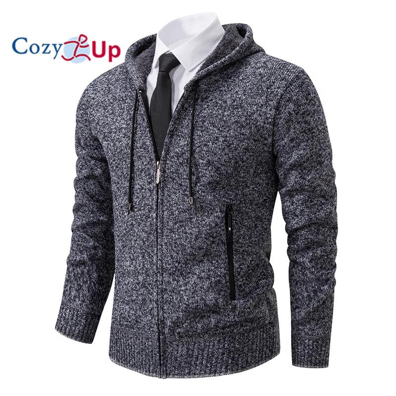 Cozy Up Мужской кардиган с длинными рукавами, повседневная уличная одежда, мягкая вязаная толстовка с капюшоном, термостойкая флисовая толстовка на молнии с капюшоном