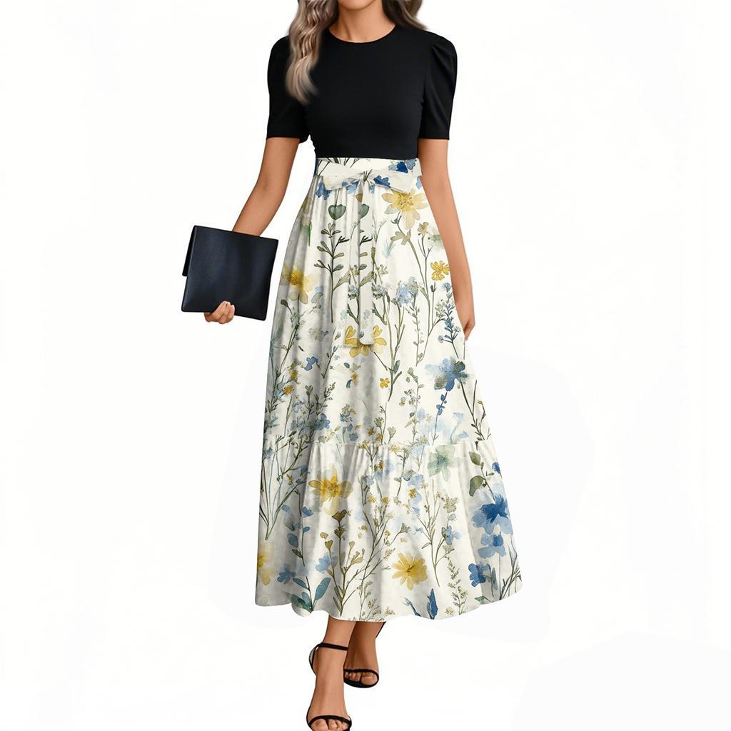 Женское модное повседневное платье с коротким рукавом и круглым вырезом с цветочной вышивкой, элегантное, темпераментное