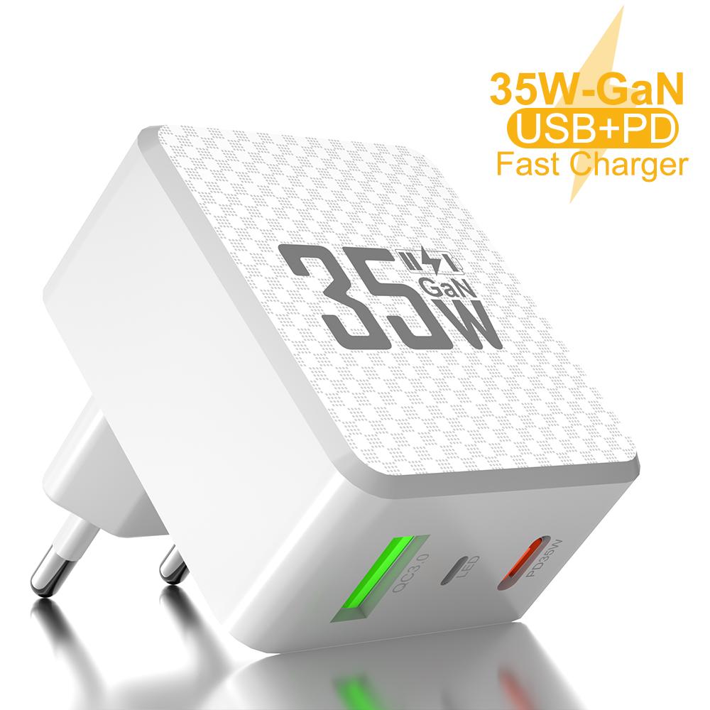 2 Ports Mini 35W GaN USB Type C Charger QC3.0 Portable Fast Charging For 14 Pro 13 Samsung KR/EU/US/UK Plug