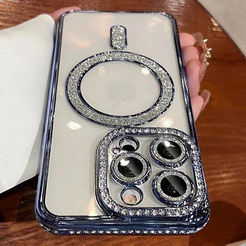 Новый модный прозрачный чехол с блестками и бриллиантами для iPhone17 16 15 14 13 17 12 Pro Max Магнитный бампер с поддержкой беспроводной зарядки