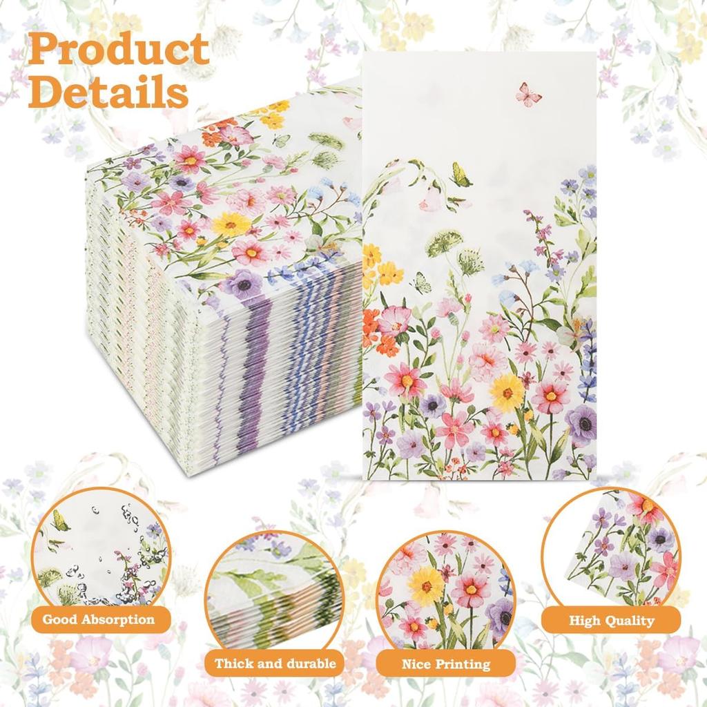 100Pcs 2-Ply Disposable Floral Paper Napkins 15.7x13 Inches for Dinner Party Wedding Birthday & Baby Shower