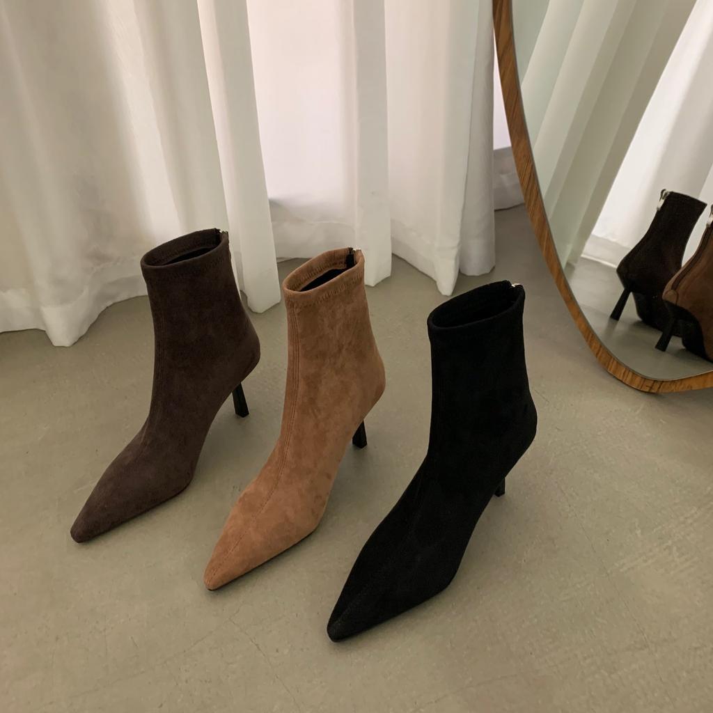 High-heeled Pointed-toed Temperament Suede Thin Short Boots Women's Shoes 2025 New Autumn and Winter Velvet Korean Small Ankle Boots