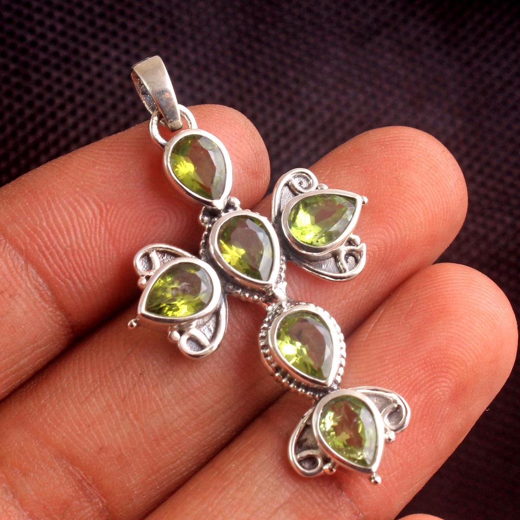 Аметист Перидот Сердолик Крест Подвеска 100% Стерлинговое Серебро 925 Пробы Массивные Ювелирные Изделия Твердый Подвеска