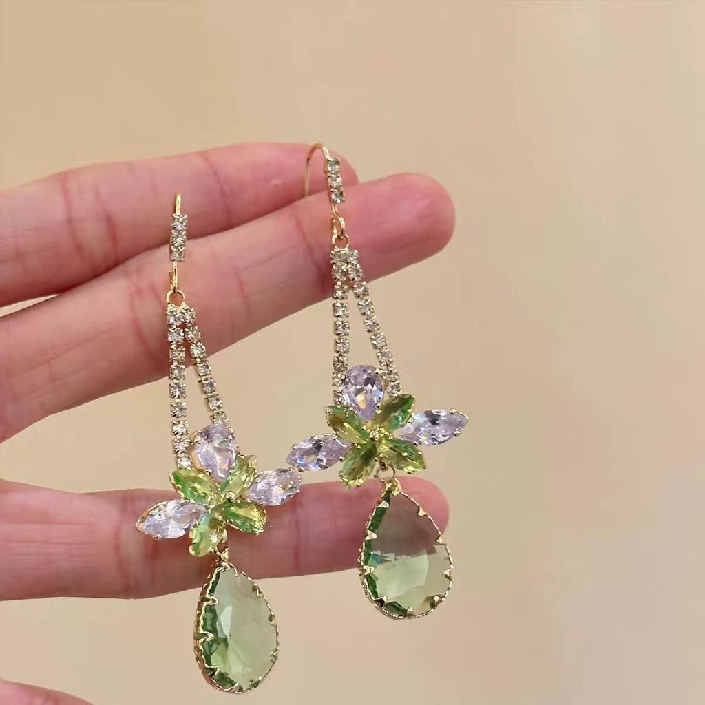 "Green" New Chinese retro green flower water drop fringed earrings high-end light luxury temperament earrings