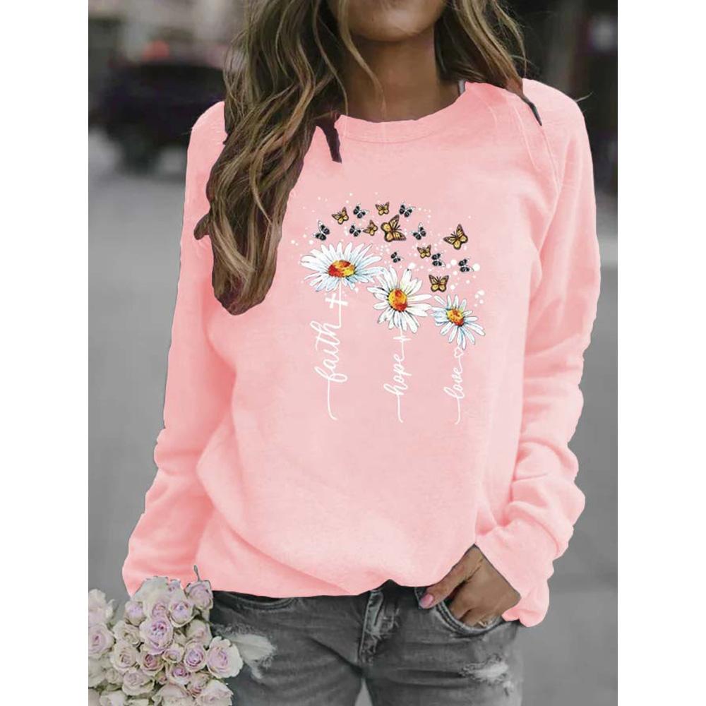 Зимние женские топы с принтом ромашки, женская Повседневная толстовка с круглым вырезом и длинными рукавами, блузка больших размеров