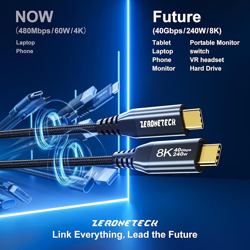 USB C Cable 8K/60Hz Video Output [ 40Gbps High Speed Data Transfer 240W/5A Fast Charging PD Compatible] USB3.2 Gen2 Type-C Cable Compatible