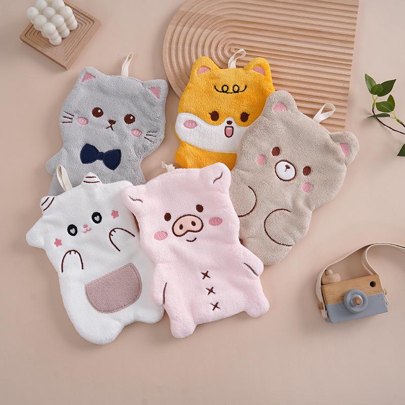 Coral Fleece Embroidered Cartoon Hand Towel for Kitchen or Bathroom