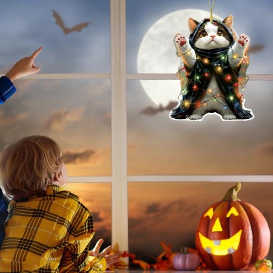 Car Halloween Rearview Mirror Hanging Pendant Cartoon Skull Cat Auto Interior Accessory 2D Flat Acrylic Hanging Charm for Car Backpack